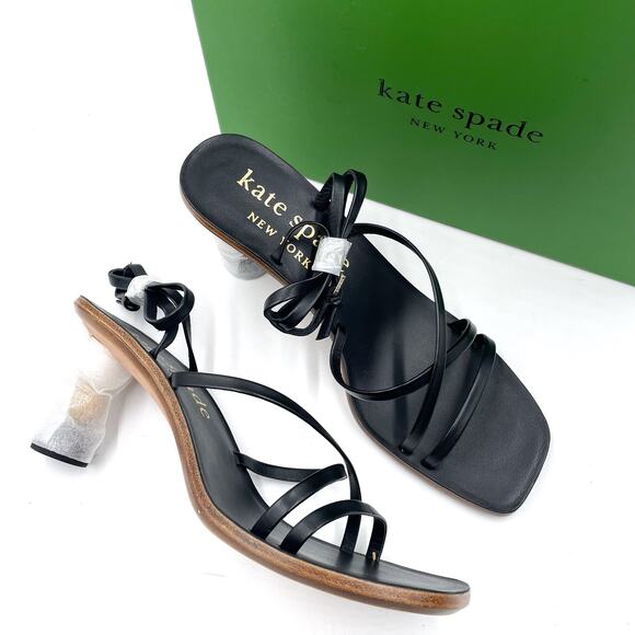 Kate Spade Charmer Sandals Black Leather Heels Square Toe Strappy Sz 9.5 - Picture 2 of 11